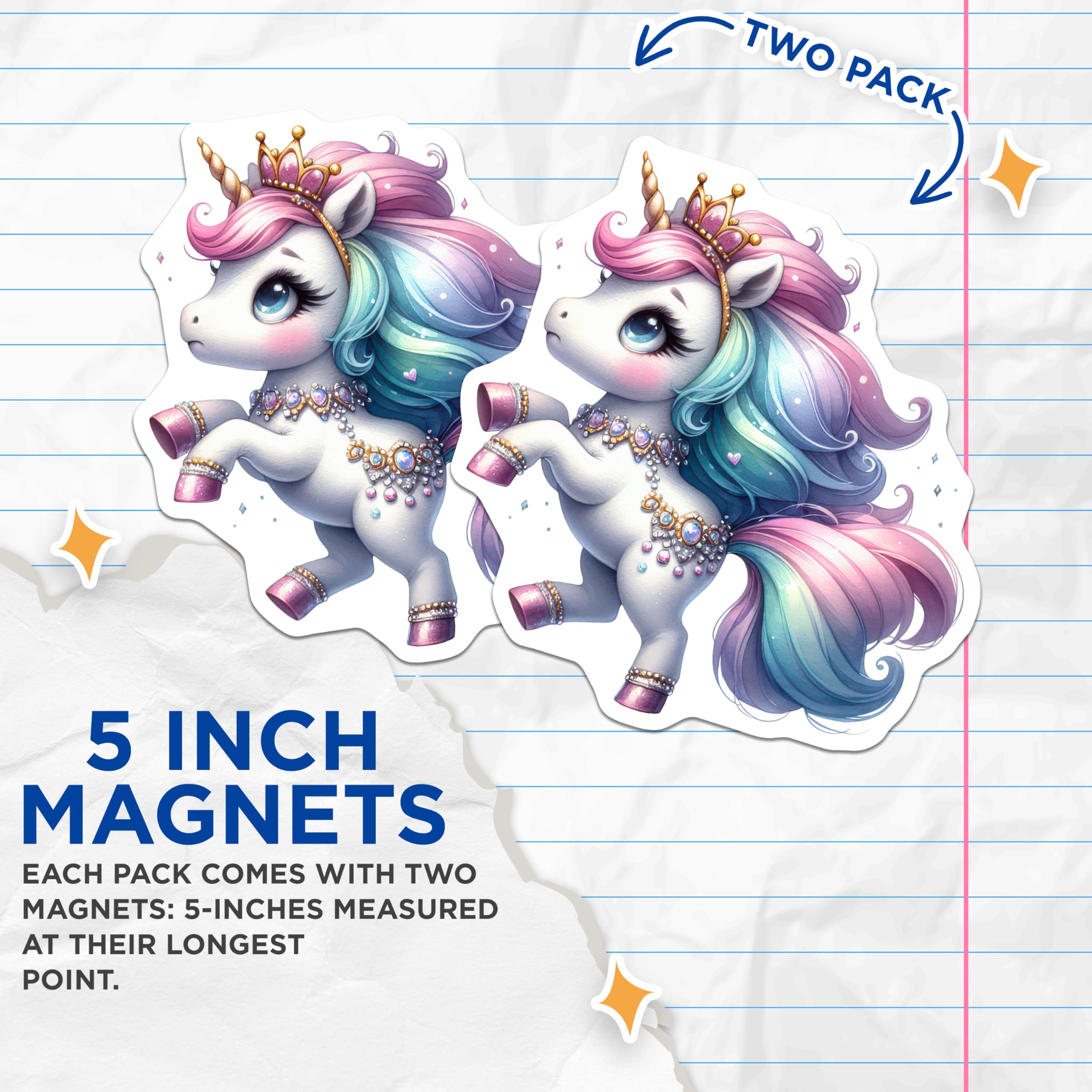(2 Pack) Charming Princess Unicorn Magnets - Rainbow Mane Magical Creature - Enchanting Kawaii Aesthetic Decor for Kids - 5 Inches On Longest Side - Thick Durable Magnet - Made in USA - MAG21528
