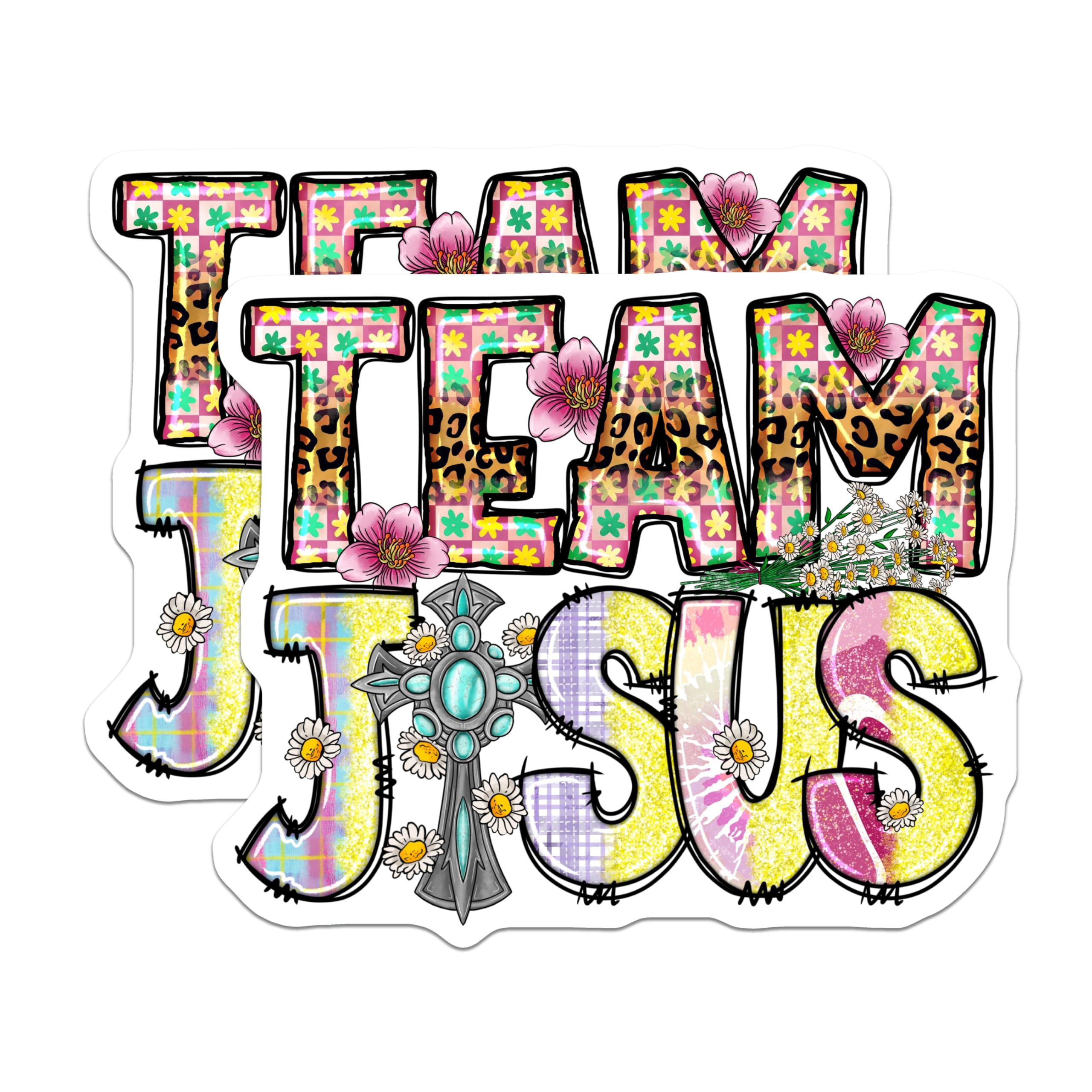 (2 Pack) Team Jesus Magnets - Christian Faith Decor - Boho Leopard Daisy Cross - Spiritual Refrigerator Art - 5 Inches On Longest Side - Thick Durable Magnet - Made in USA - MAG30651