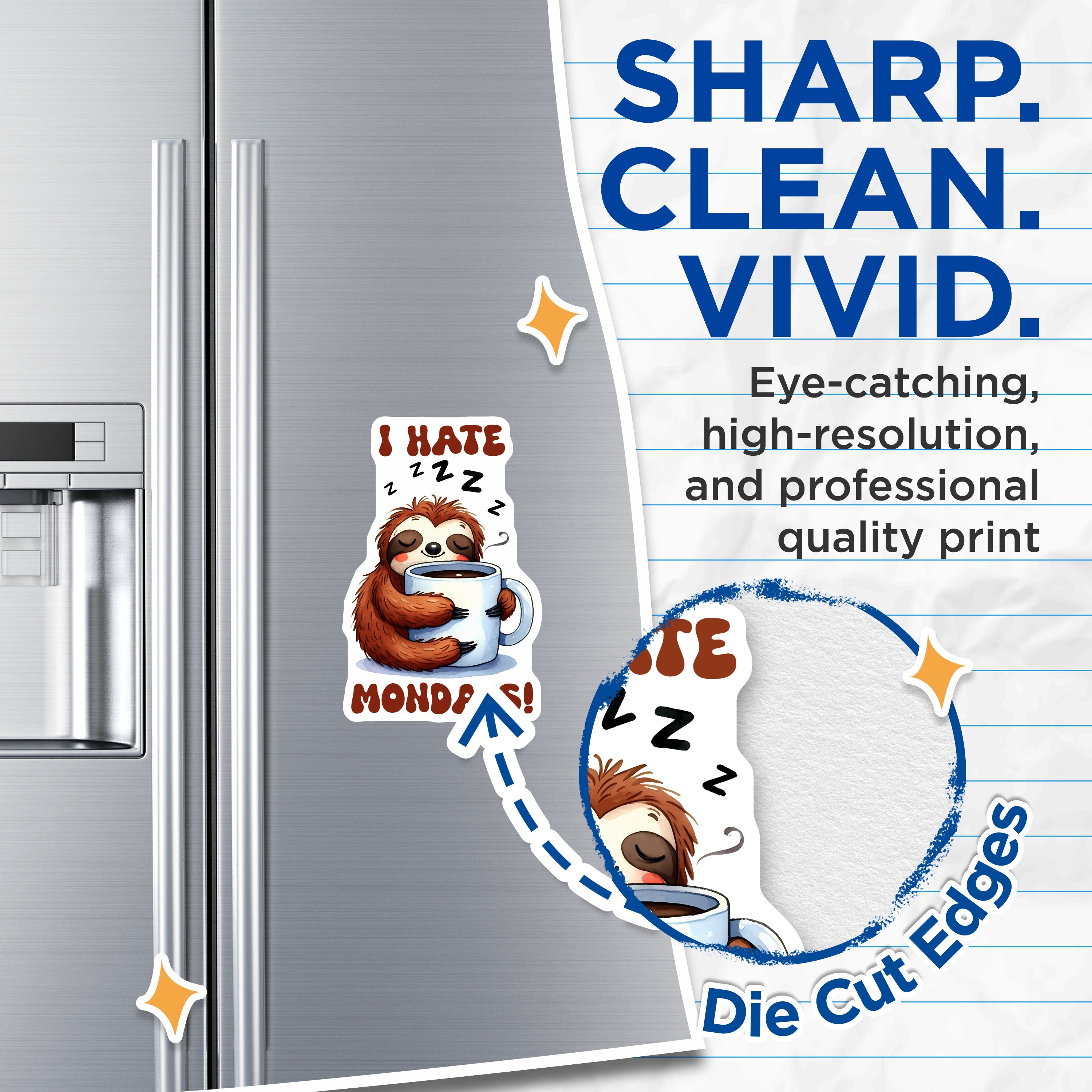 (2 Pack) I Hate Mondays Sloth Magnets - Coffee Lover Funny Desk Magnets - Sleepy Animal Fridge Decor - 5 Inches On Longest Side - Thick Durable Magnet - Made in USA - MAG39507