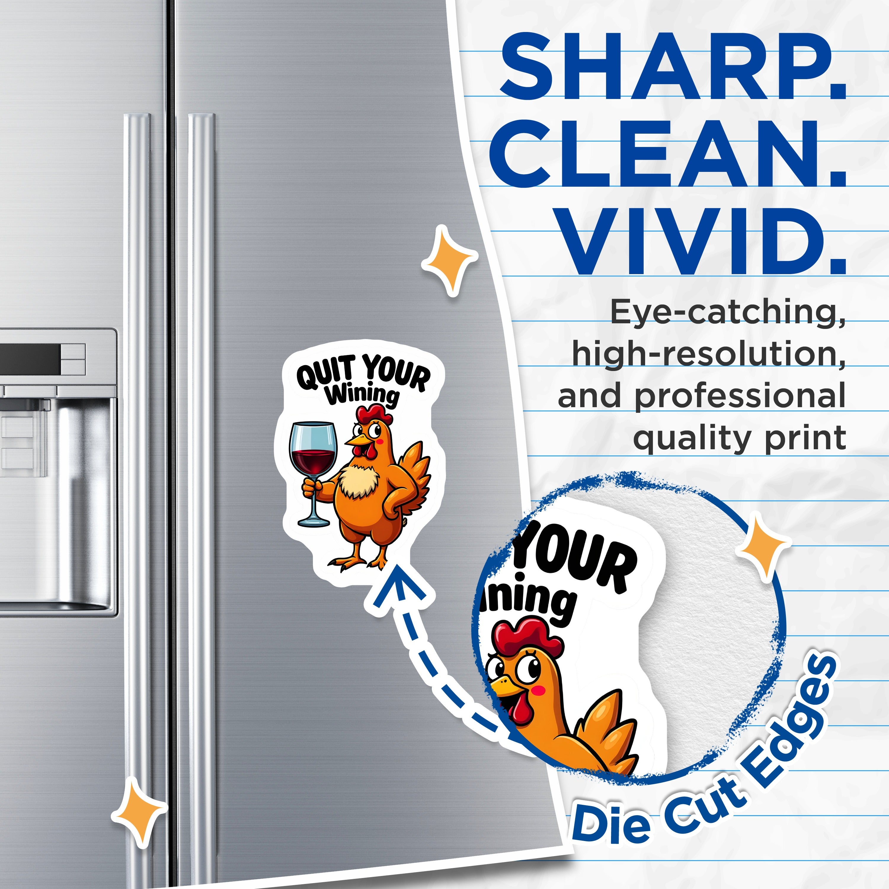 (2 Pack) Quit Your Wining Magnets - Funny Chicken Wine Pun - Refrigerator Farm Animal Decor - Wine Lover Humor - 5 Inches On Longest Side - Thick Durable Magnet - Made in USA - MAG37686