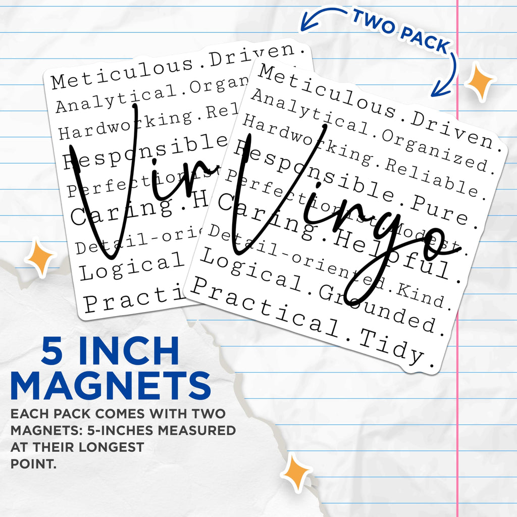 (2 Pack) Virgo Zodiac Magnets - Astrology Sign - Virgo Traits Horoscope Refrigerator - 5" On Longest Side - Sticks to Smooth Flat Surfaces - Made in USA - MAG10556