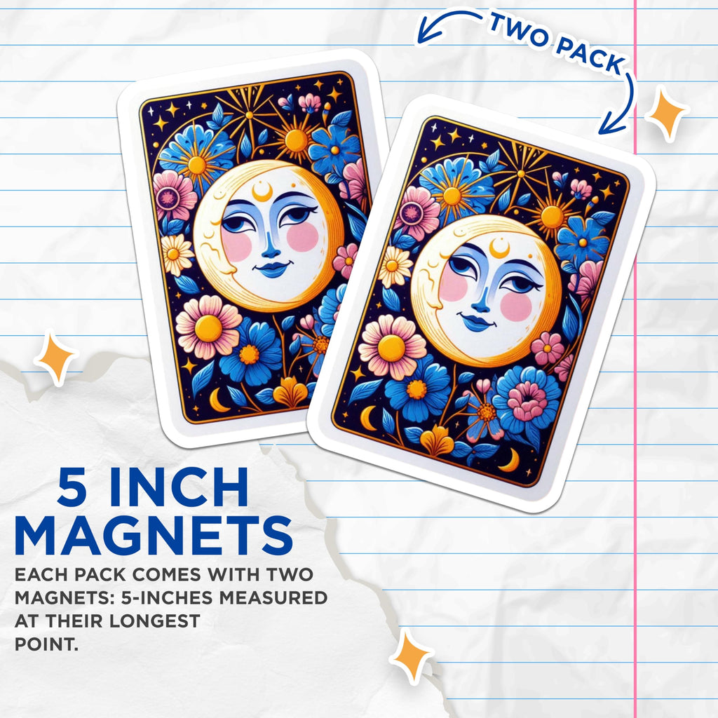 (2 Pack) Celestial Moon Magnets - Floral Tarot Card Art - Mystical Aesthetic Decor - 5 Inches On Longest Side - Thick Durable Magnet - Made in USA - MAG22363