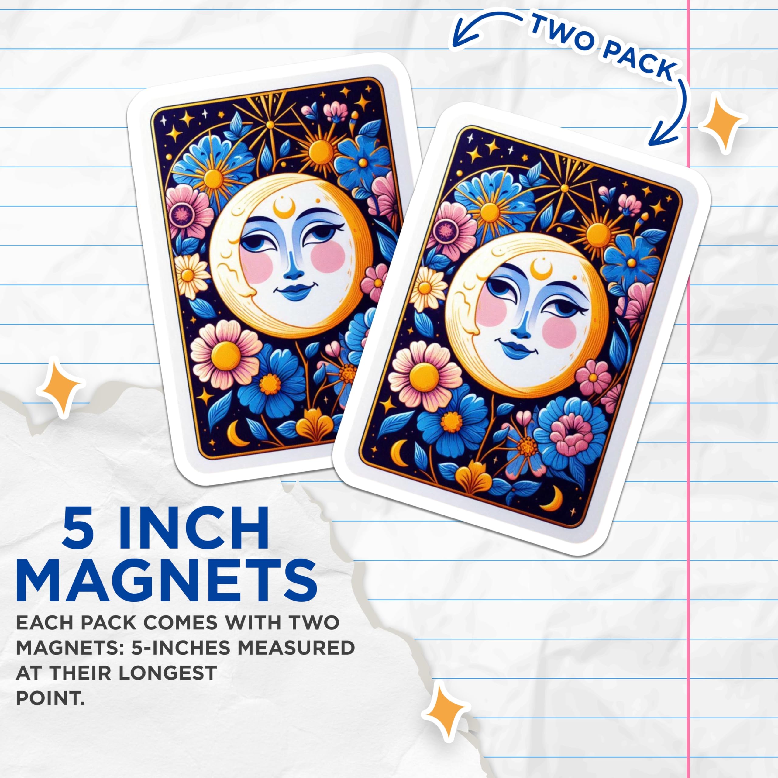 (2 Pack) Celestial Moon Magnets - Floral Tarot Card Art - Mystical Aesthetic Decor - 5 Inches On Longest Side - Thick Durable Magnet - Made in USA - MAG22363