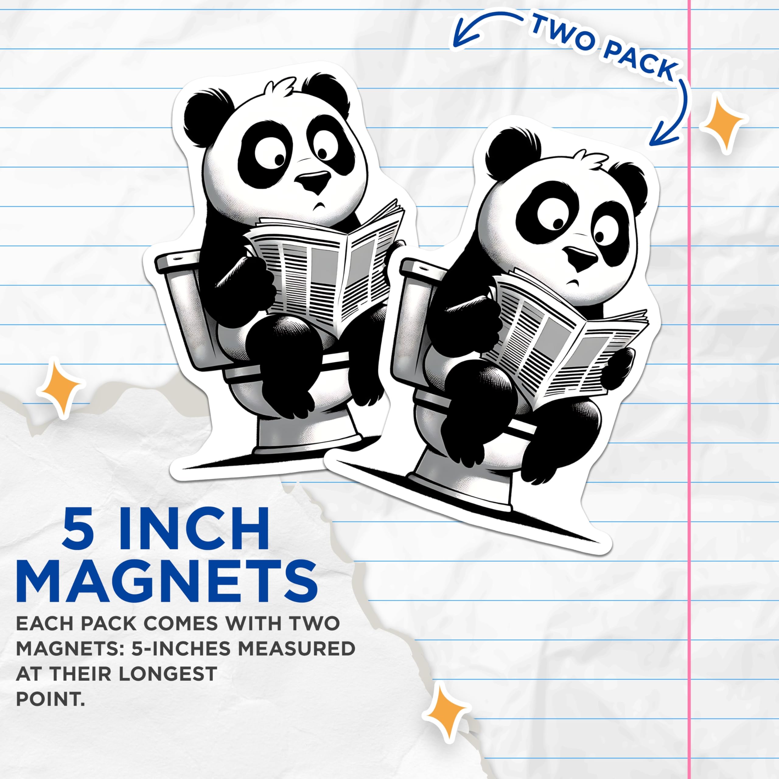 (2 Pack) Panda on Toilet Magnets - Reading Newspaper - Funny Bathroom Decor - 5" On Longest Side - Premium Magnet - for Cars, Refrigerators, Toolboxes, Lockers - Made in USA - MAG14948