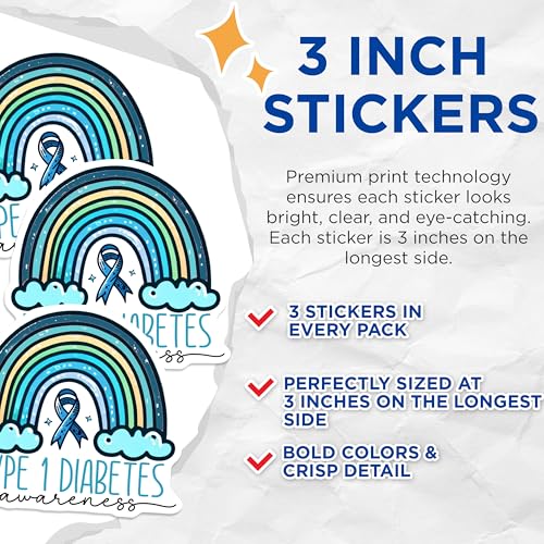 (3 Pack) Type 1 Diabetes Decals - Rainbow Ribbon Stickers - Awareness Decals - 3 Inches On Longest Side - Easy Peel & Apply - Made in USA - 3MCS2593