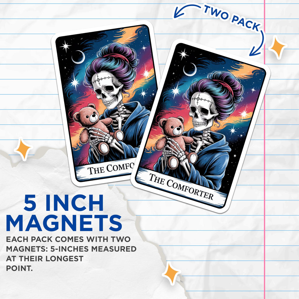 (2 Pack) The Comforter Magnets - Skeleton Holding Teddy Bear - Celestial Moon Starry Sky - Mystical Tarot Art - 5 Inches On Longest Side - Thick Durable Magnet - Made in USA - MAG21419