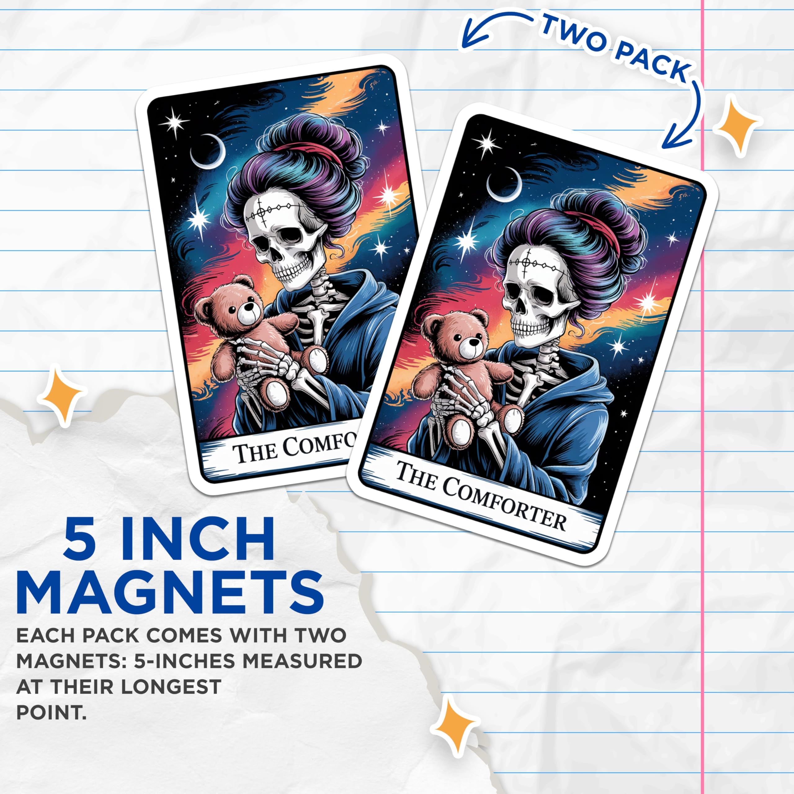 (2 Pack) The Comforter Magnets - Skeleton Holding Teddy Bear - Celestial Moon Starry Sky - Mystical Tarot Art - 5 Inches On Longest Side - Thick Durable Magnet - Made in USA - MAG21419