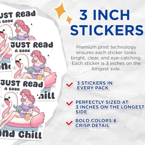 (3 Pack) Girl Reading Decals - Flamingo Float Decals - Chill Vibes Decal - 3 Inches On Longest Side - Easy Peel & Apply - Made in USA - 3MCS4623