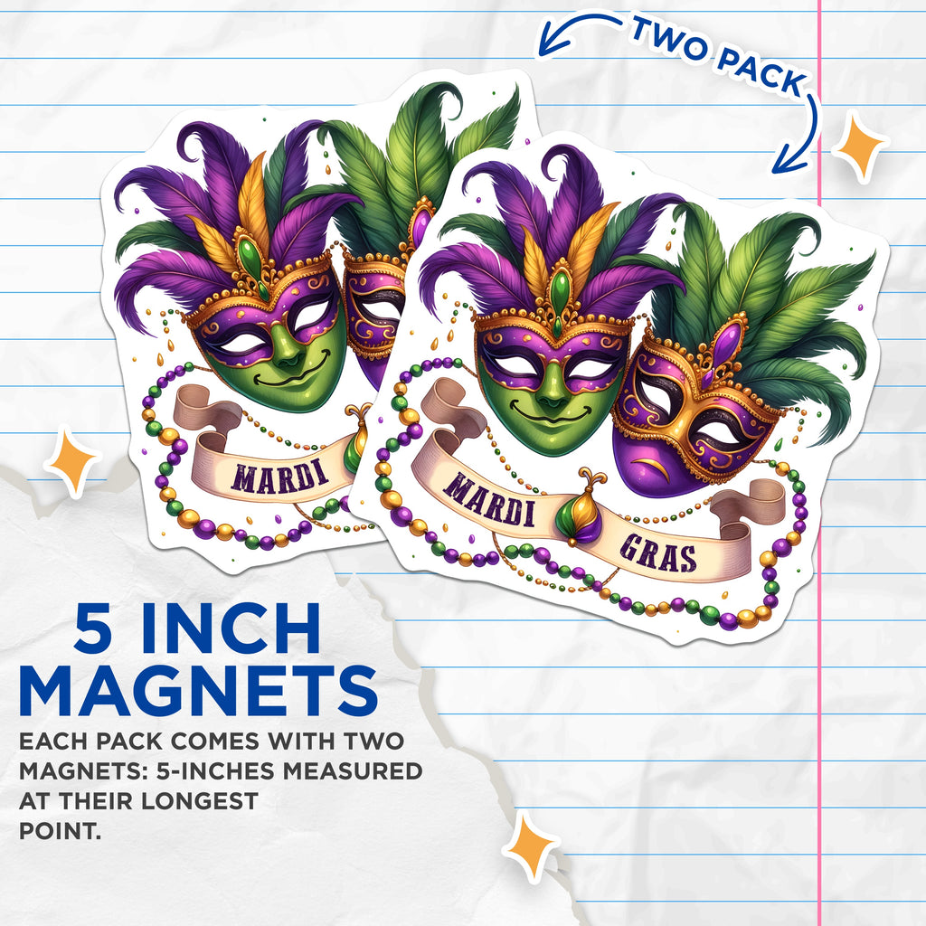(2 Pack) Mardi Gras Masks Magnets - New Orleans Decor - Festival Party Supplies - Fat Tuesday Celebration - 5 Inches On Longest Side - Thick Durable Magnet - Made in USA - MAG38736