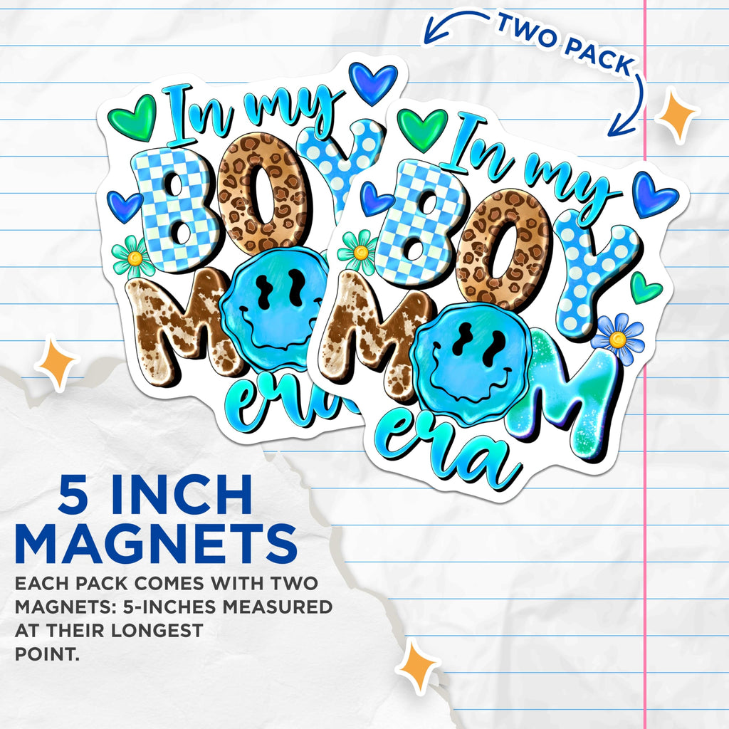 (2 Pack) Boy Mom Era Magnets - Groovy Mama Fridge Decor - Y2K Trendy Motherhood Accessory - 5 Inches On Longest Side - Thick Durable Magnet - Made in USA - MAG28059