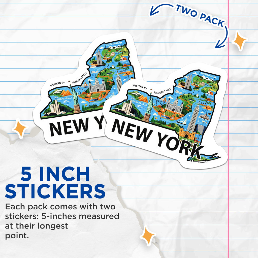 (2 Pack) New York Stickers - NY State Travel Souvenir - Landmarks and Cities Illustration - 5" On Longest Side - Sticks to Smooth Flat Surfaces - Made in USA - BMCS14424