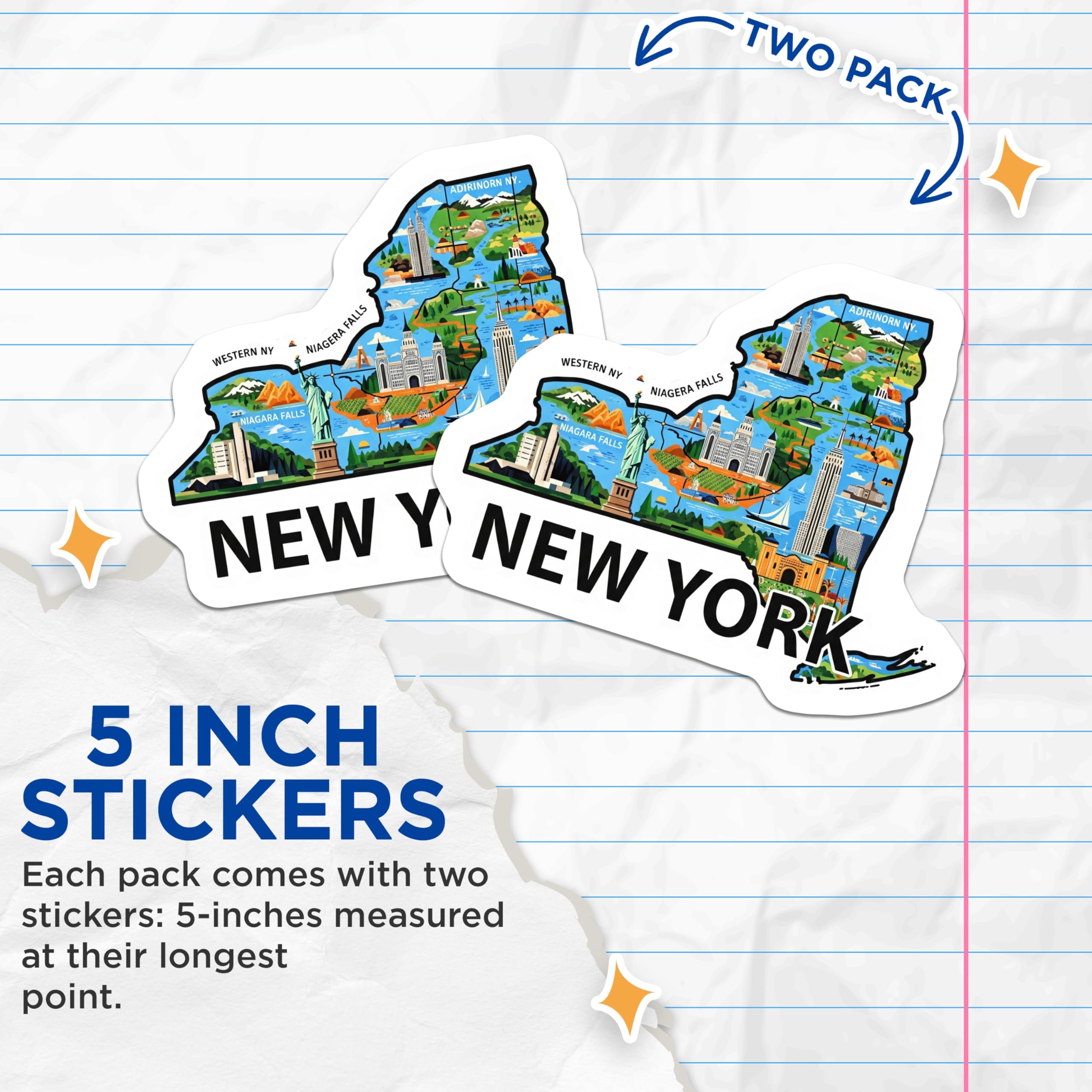 (2 Pack) New York Stickers - NY State Travel Souvenir - Landmarks and Cities Illustration - 5" On Longest Side - Sticks to Smooth Flat Surfaces - Made in USA - BMCS14424