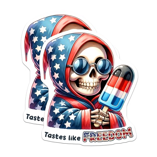 (2 Pack) Patriotic Skull Stickers - Tastes Like Freedom - Independence Day Decor - Red White and Blue Art Decal - 5" On Longest Side - Sticks to Smooth Flat Surfaces - Made in USA - BMCS7922