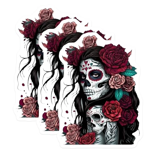 (3 Pack) Sugar Skull Decals - Floral Skull Sticker - Day of Dead Decals - 3 Inches On Longest Side - Easy Peel & Apply - Made in USA - 3MCS7968
