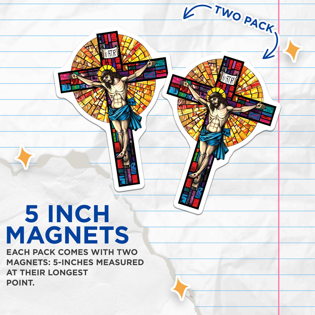 (2 Pack) Stained Glass Jesus Crucifix Magnets - Christian Religious Art - Catholic Faith Decor - Holy Cross Devotion - 5 Inches On Longest Side - Thick Durable Magnet - Made in USA - MAG38628