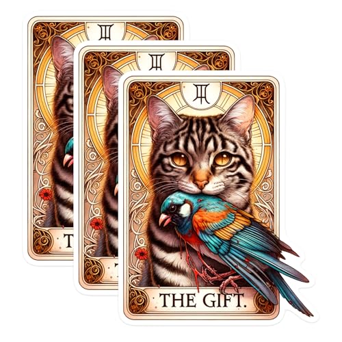 (3 Pack) Cat Bird Tarot Decals - Feline Art Stickers - Tabby Laptop Decal - 3 Inches On Longest Side - Easy Peel & Apply - Made in USA - 3MCS0279