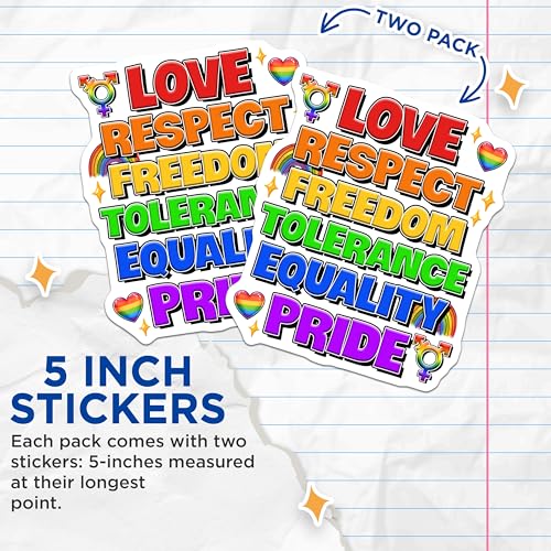 (2 Pack) Love Respect Freedom Tolerance Stickers - Equality Pride - LGBTQ+ Inspirational - 5" On Longest Side - Sticks to Smooth Flat Surfaces - Made in USA - BMCS8271