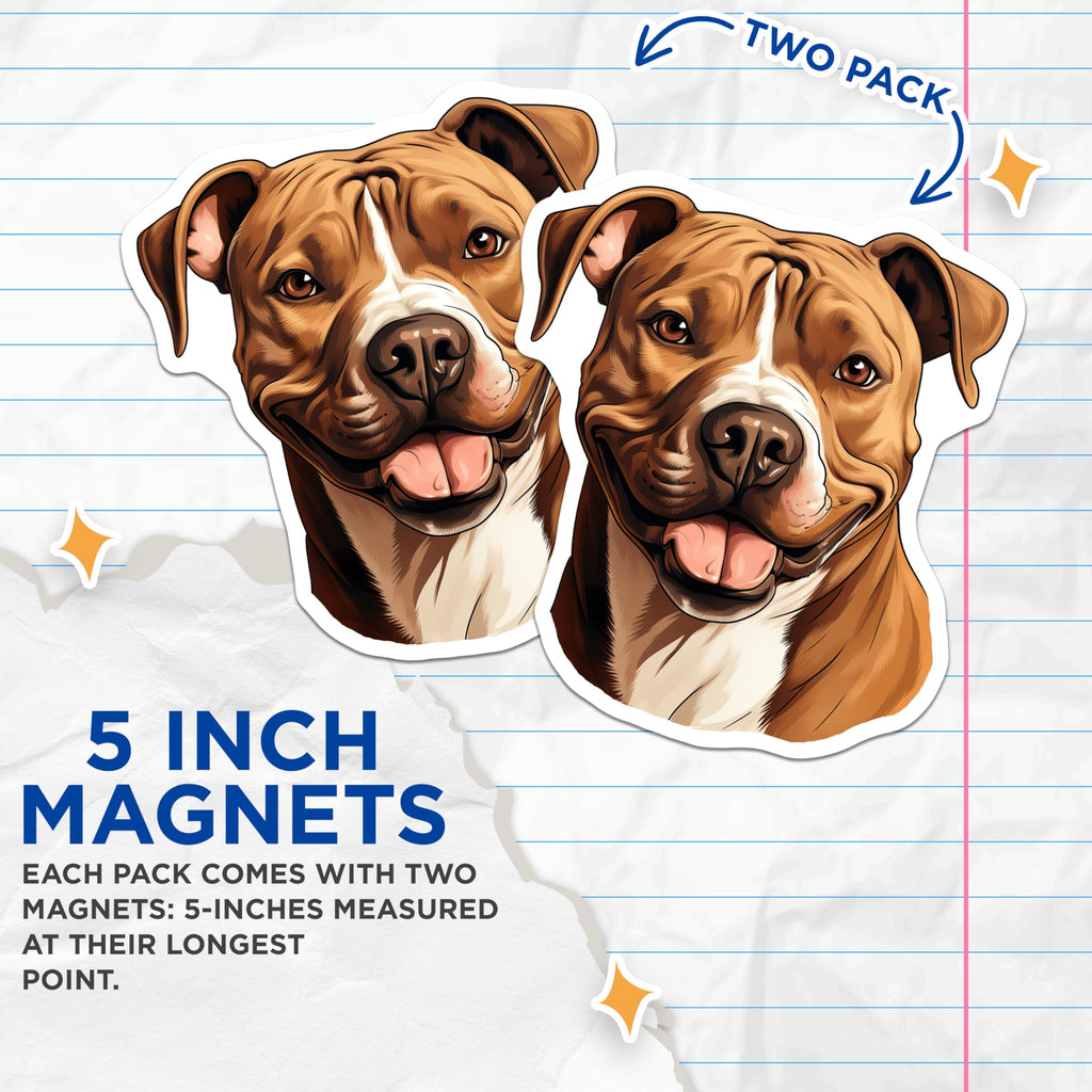 (2 Pack) Happy Pitbull Dog Magnets - Smiling Pitbull Lover Decor - Amstaff Pet Fridge Locker Decor - 5 Inches On Longest Side - Thick Durable Magnet - Made in USA - MAG25954