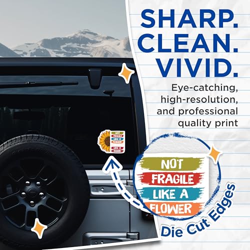 (2 Pack) Not Fragile Like A Flower Stickers - Sunflower Stickers - Motivational Quote Stickers - 5" On Longest Side - Sticks to Smooth Flat Surfaces - Made in USA - BMCS4702