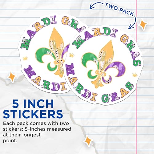 (2 Pack) Mardi Gras Stickers - Fleur De Lis Decal - Fat Tuesday Decorations - 5" On Longest Side - Sticks to Smooth Flat Surfaces - Made in USA - BMCS6380