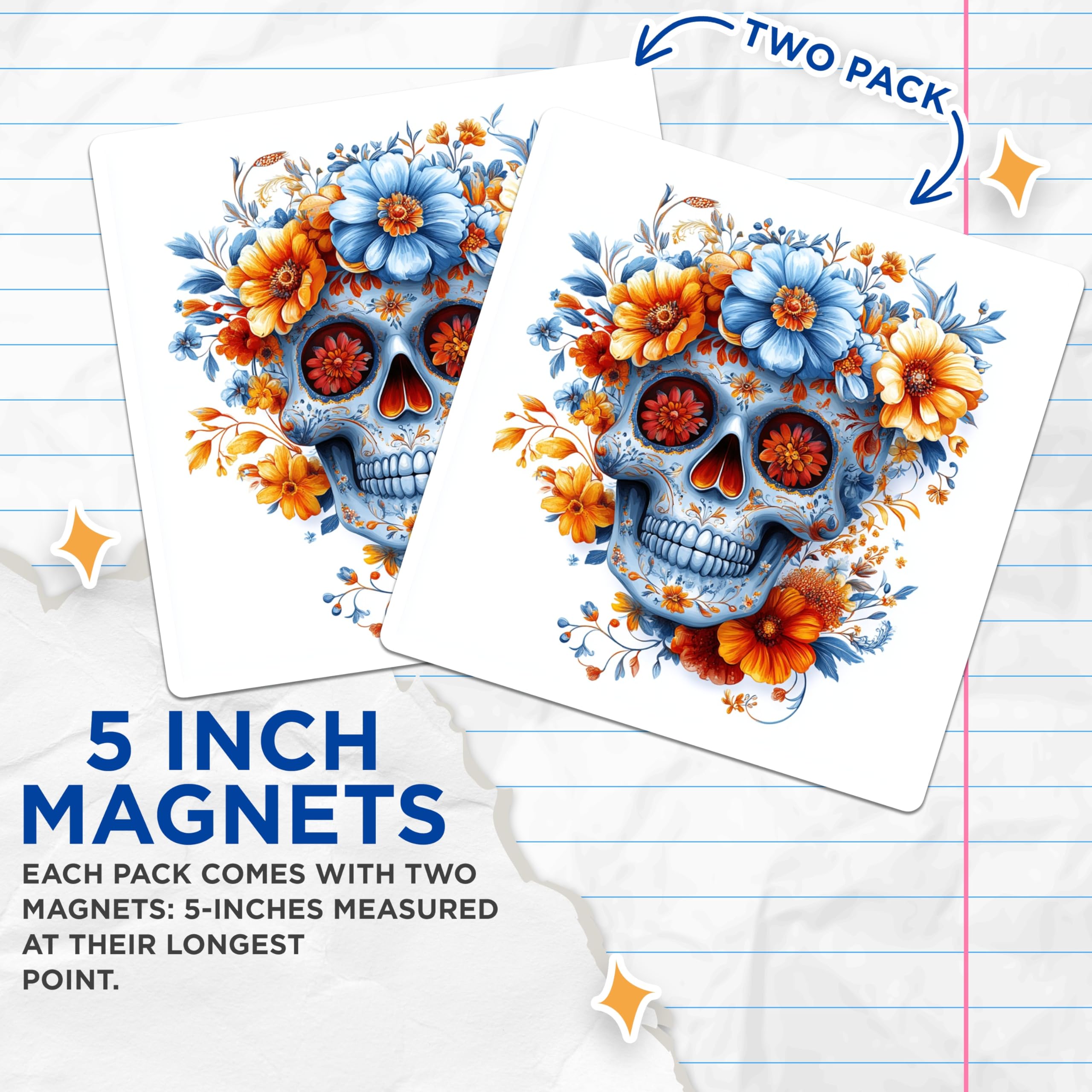 (2 Pack) Dia de Los Muertos Magnets - Floral Sugar Skull Art - Vibrant Calavera Decor Kitchen Office Locker - 5 Inches On Longest Side - Thick Durable Magnet - Made in USA - MAG29988