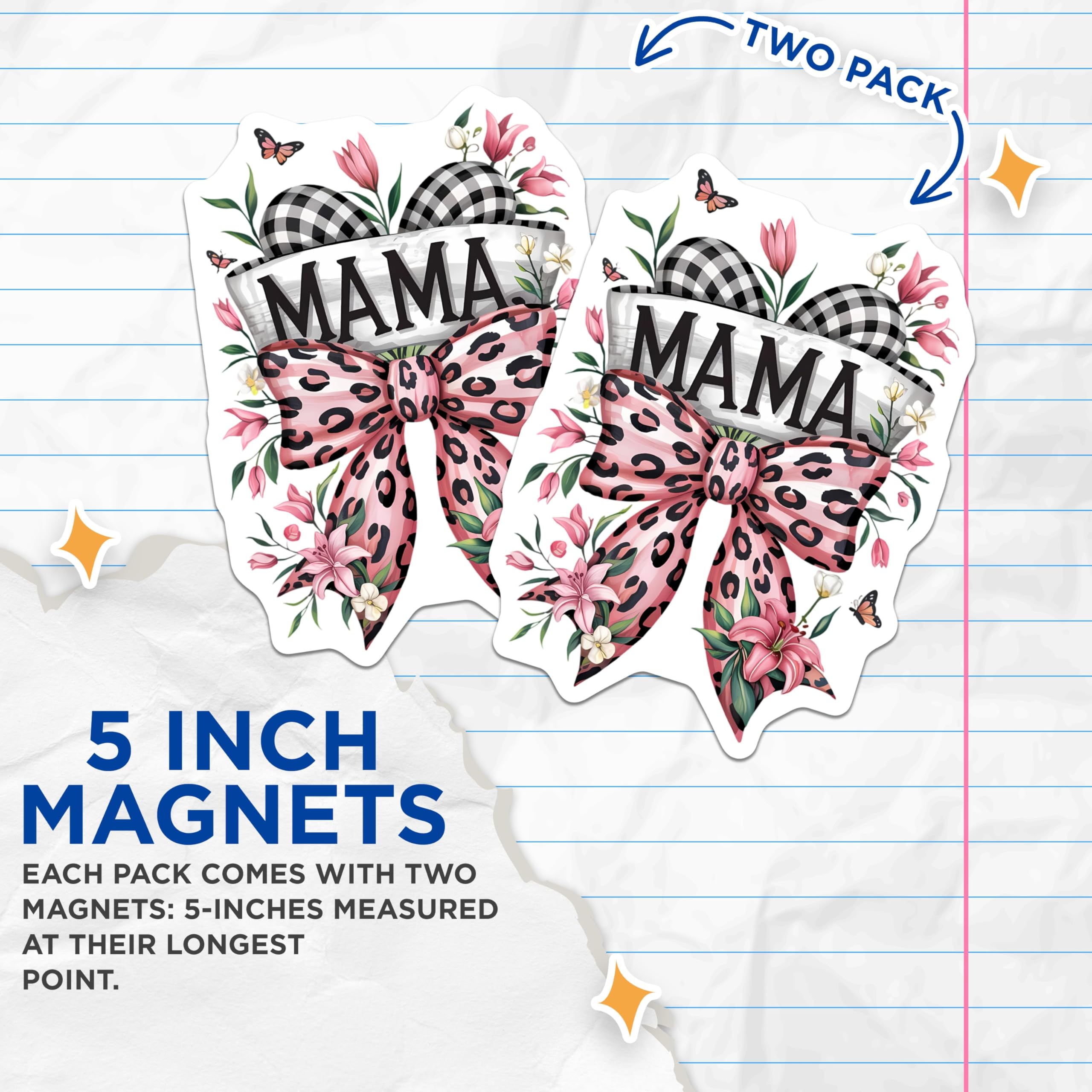 (2 Pack) Mama Magnets - Leopard Print Bow - Plaid Floral Design - Mom Appreciation - Fridge Decor - 5 Inches On Longest Side - Thick Durable Magnet - Made in USA - MAG20476