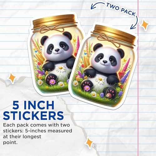(2 Pack) Cute Panda Stickers - Jar with Flowers - Animal Cartoon Stickers - 5" On Longest Side - Sticks to Smooth Flat Surfaces - Made in USA - BMCS9387