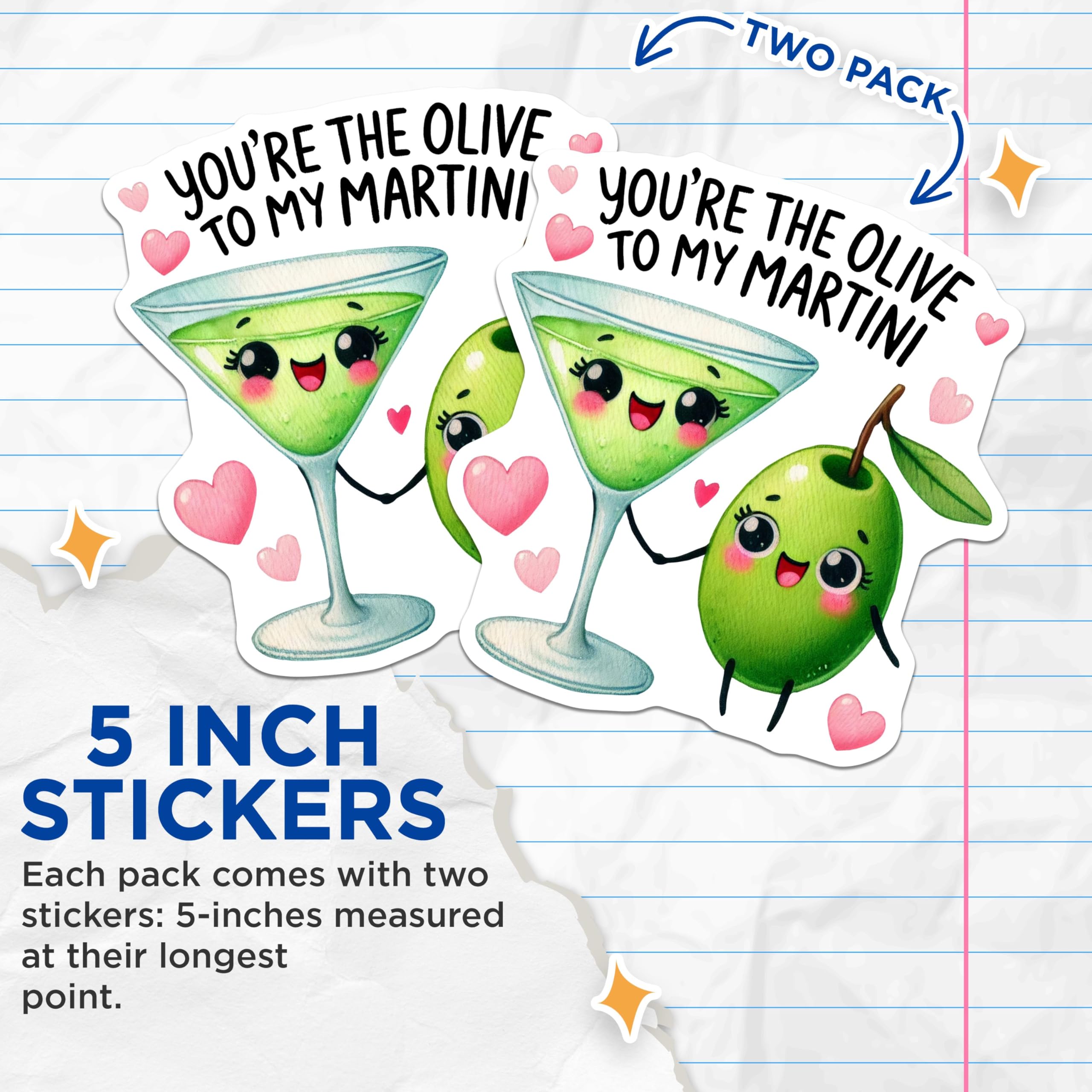 (2 Pack) Olive to My Martini Stickers - Cute Couple Stickers - Food Pun Stickers - 5" On Longest Side - Sticks to Any Smooth Flat Surface - Made in USA - BMCS3540