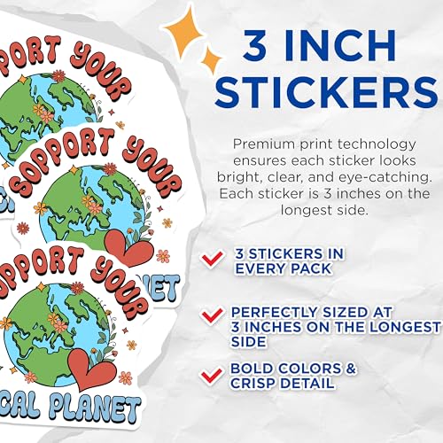 (3 Pack) Support Local Planet Decals - Earth Day Decor - Floral Laptop Decal - 3 Inches On Longest Side - Easy Peel & Apply - Made in USA - 3MCS7985