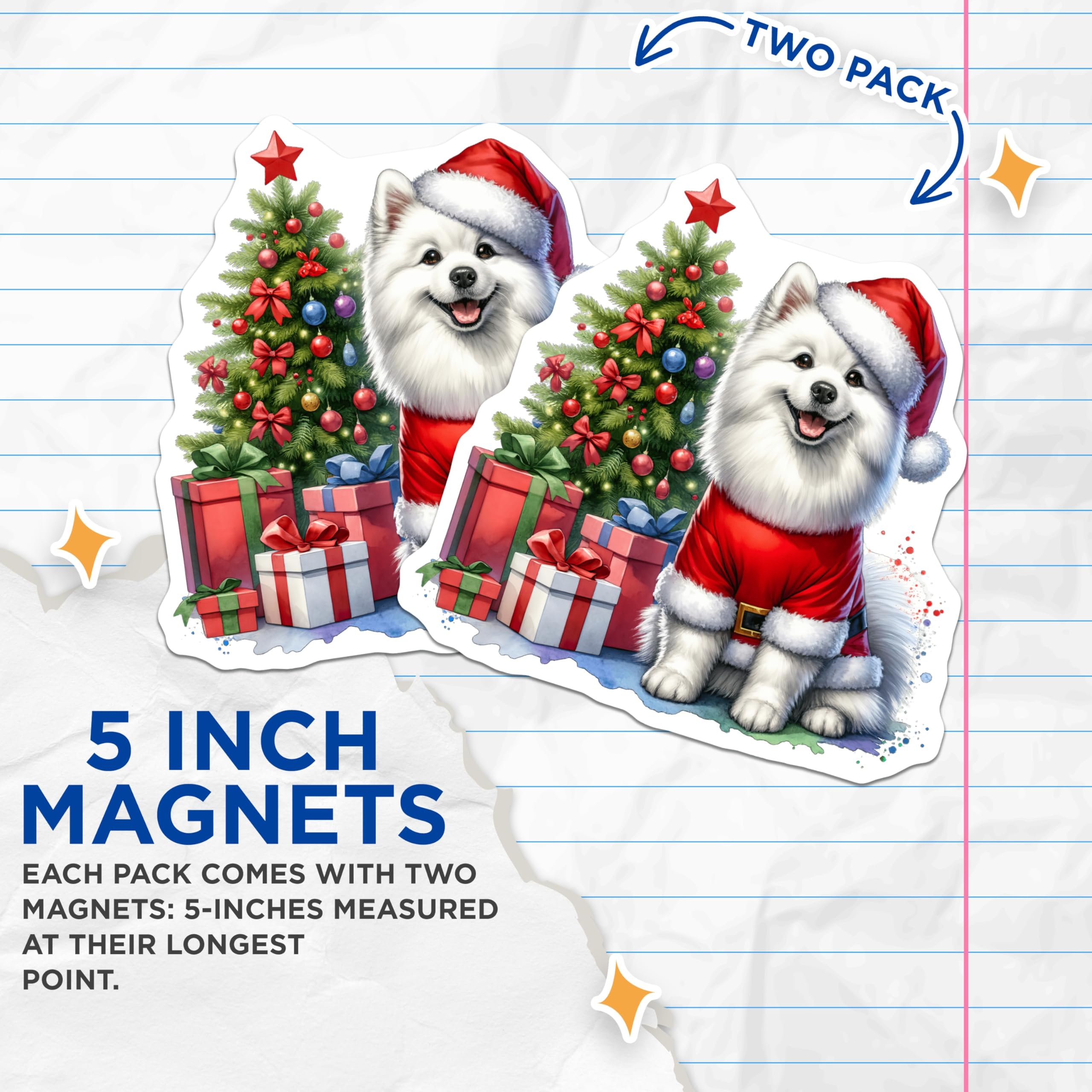 (2 Pack) Santa Dog Magnets - Christmas Puppy Holiday Decor - Fluffy Dog Lover Fridge Magnets - 5 Inches On Longest Side - Thick Durable Magnet - Made in USA - MAG25557