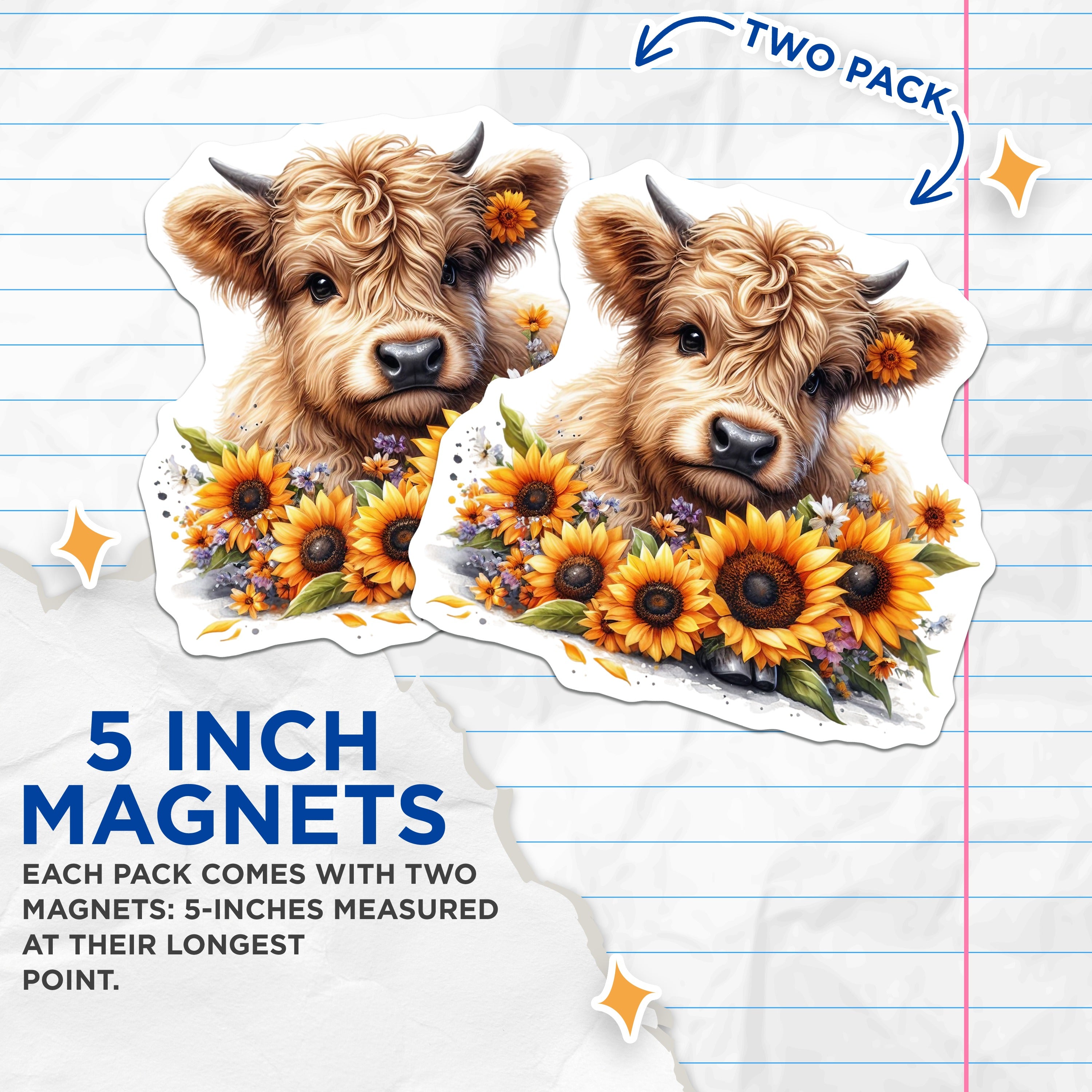 (2 Pack) Highland Cow Magnets - Cute Baby Calf Decor - Sunflower Farmhouse Fridge Accent - Rustic Country Kitchen - 5 Inches On Longest Side - Thick Durable Magnet - Made in USA - MAG37864