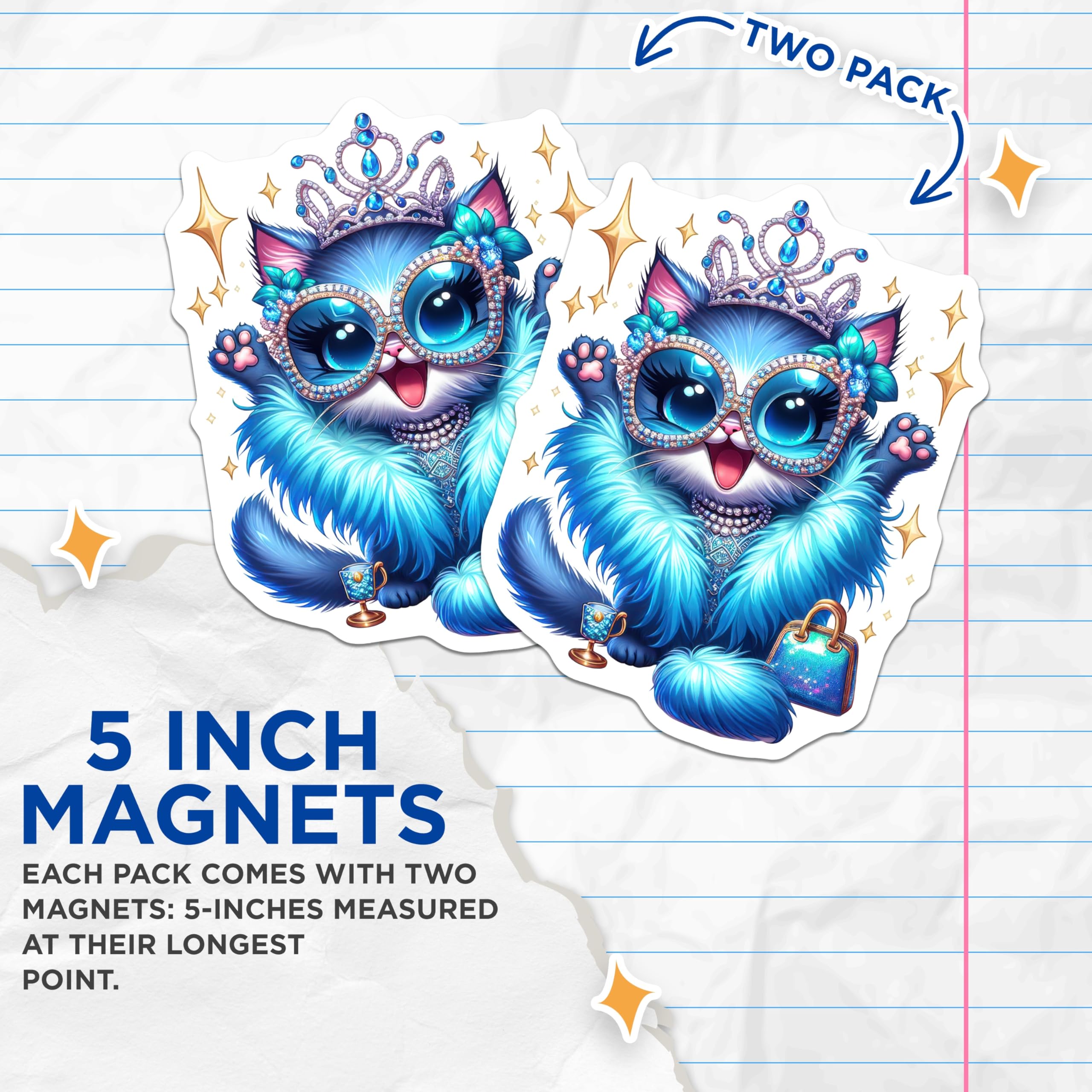 (2 Pack) Fluffy Blue Cat Magnets - Glamorous Kitty Decor - Princess Pet Accessories - 5 Inches On Longest Side - Thick Durable Magnet - Made in USA - MAG22630