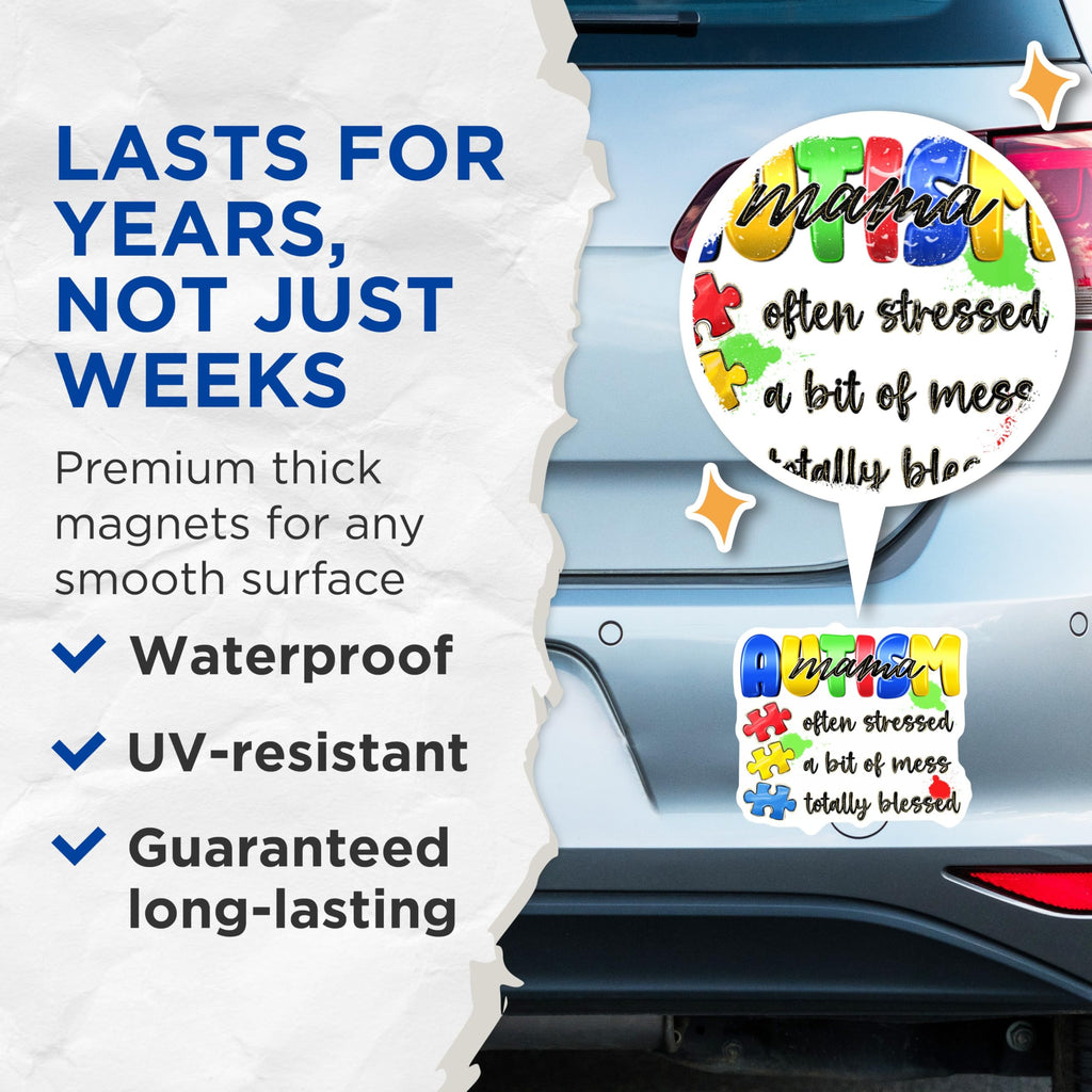(2 Pack) Autism Mama Magnets - Proud Autism Mom Awareness - Special Needs Parent Support Refrigerator Decor - 5 Inches On Longest Side - Thick Durable Magnet - Made in USA - MAG25063
