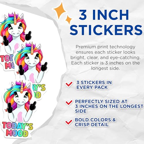 (3 Pack) Unicorn Decals - Funny Today's Mood - Rude Unicorn Laptop - 3 Inches On Longest Side - Easy Peel & Apply - Made in USA - 3MCS6566