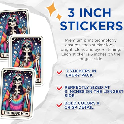 (3 Pack) Hippie Mom Decals - Skeleton Peace Sign - Tie Dye Laptop Decal - 3 Inches On Longest Side - Easy Peel & Apply - Made in USA - 3MCS4201