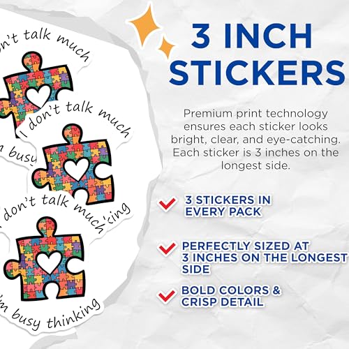(3 Pack) Autism Awareness Decals - Busy Thinking Quote - Puzzle Piece Heart - Laptop Decals - 3 Inches On Longest Side - Easy Peel & Apply - Made in USA - 3MCS7189