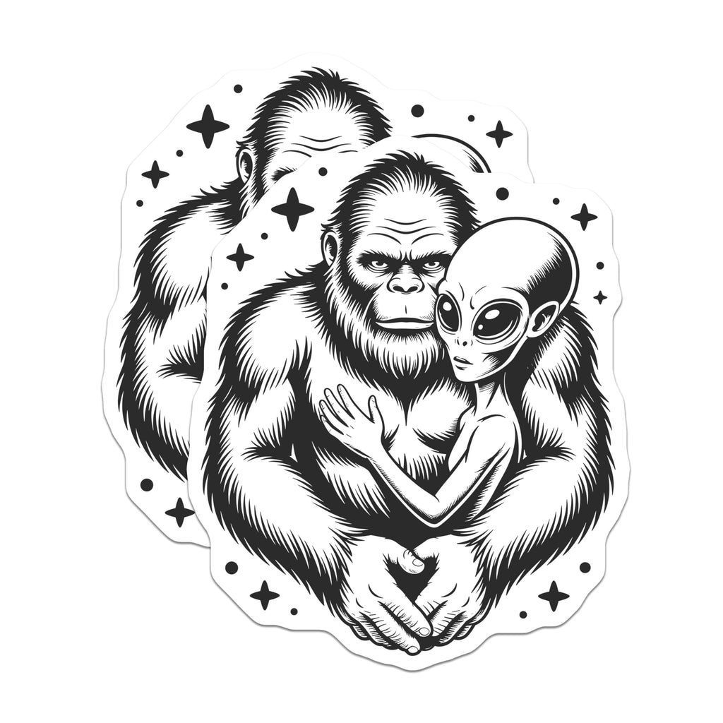 (2 Pack) Bigfoot Alien Hug Magnets - Sasquatch Extraterrestrial Love - Cryptozoology Space Couple Art - 5 Inches On Longest Side - Thick Durable Magnet - Made in USA - MAG22695