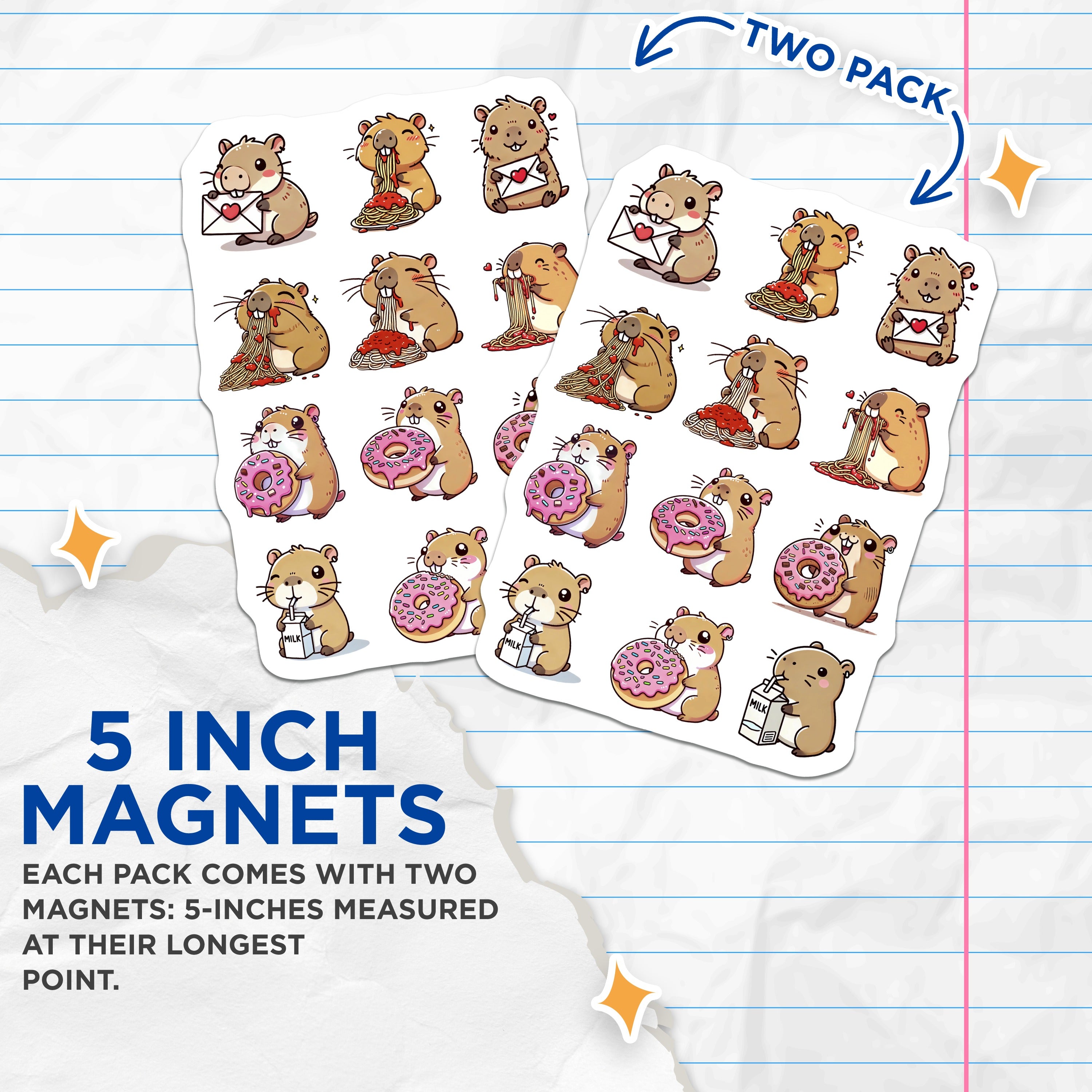(2 Pack) Cute Hamster Magnets - Kawaii Guinea Pig Decor - Funny Foodie Refrigerator Magnets - 5 Inches On Longest Side - Thick Durable Magnet - Made in USA - MAG38504