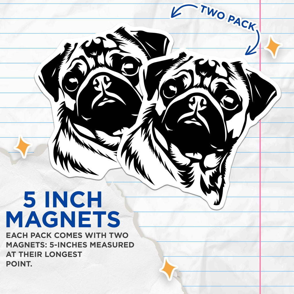 (2 Pack) Pug Dog Magnets - Cute Pet Puppy Animal Lover Fridge Decor - Dog Mom Dad Owner Kitchen Refrigerator Art - 5 Inches On Longest Side - Thick Durable Magnet - Made in USA - MAG37968