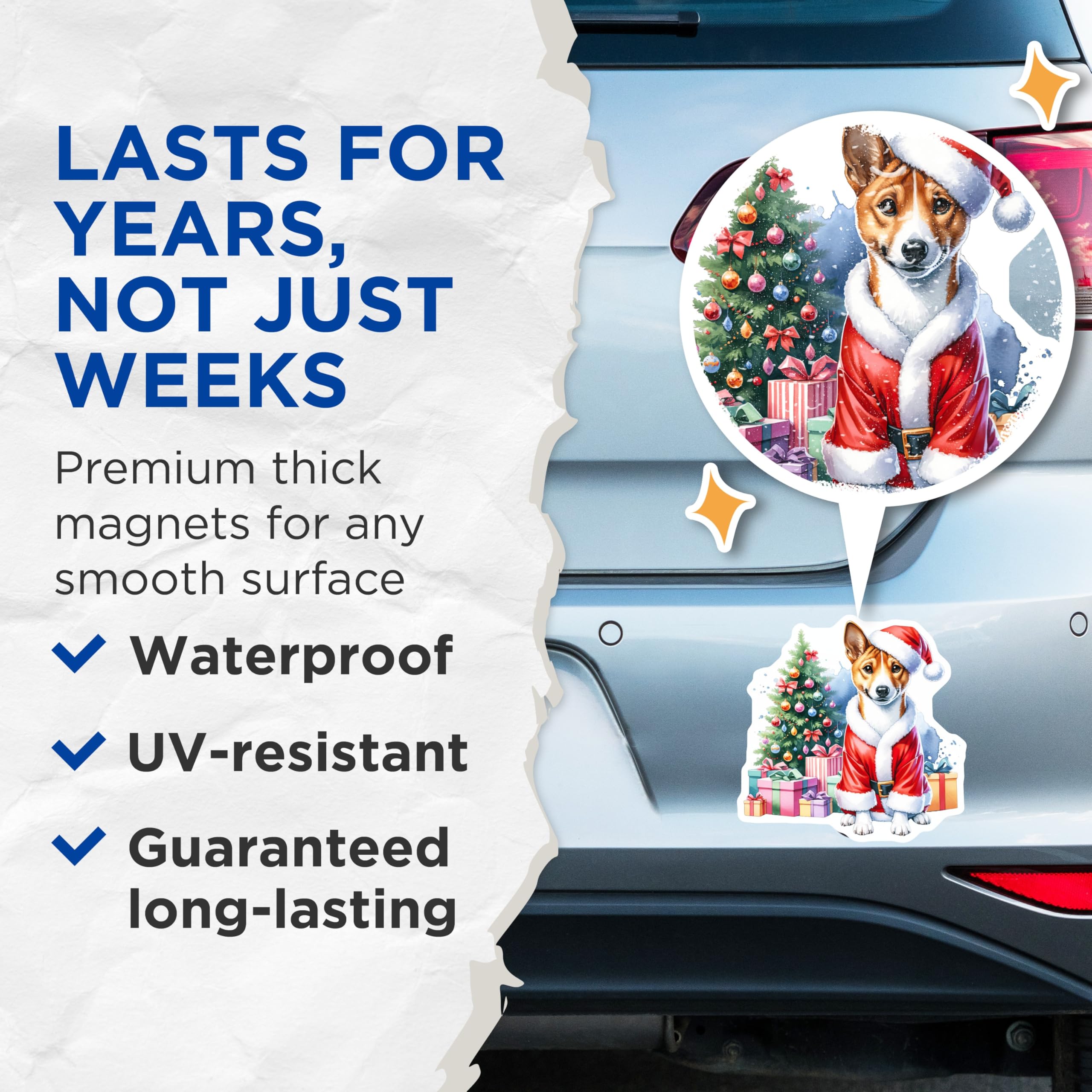 (2 Pack) Christmas Dog Magnets - Festive Santa Basenji Decor - Winter Holiday Canine Art - 5 Inches On Longest Side - Thick Durable Magnet - Made in USA - MAG24358