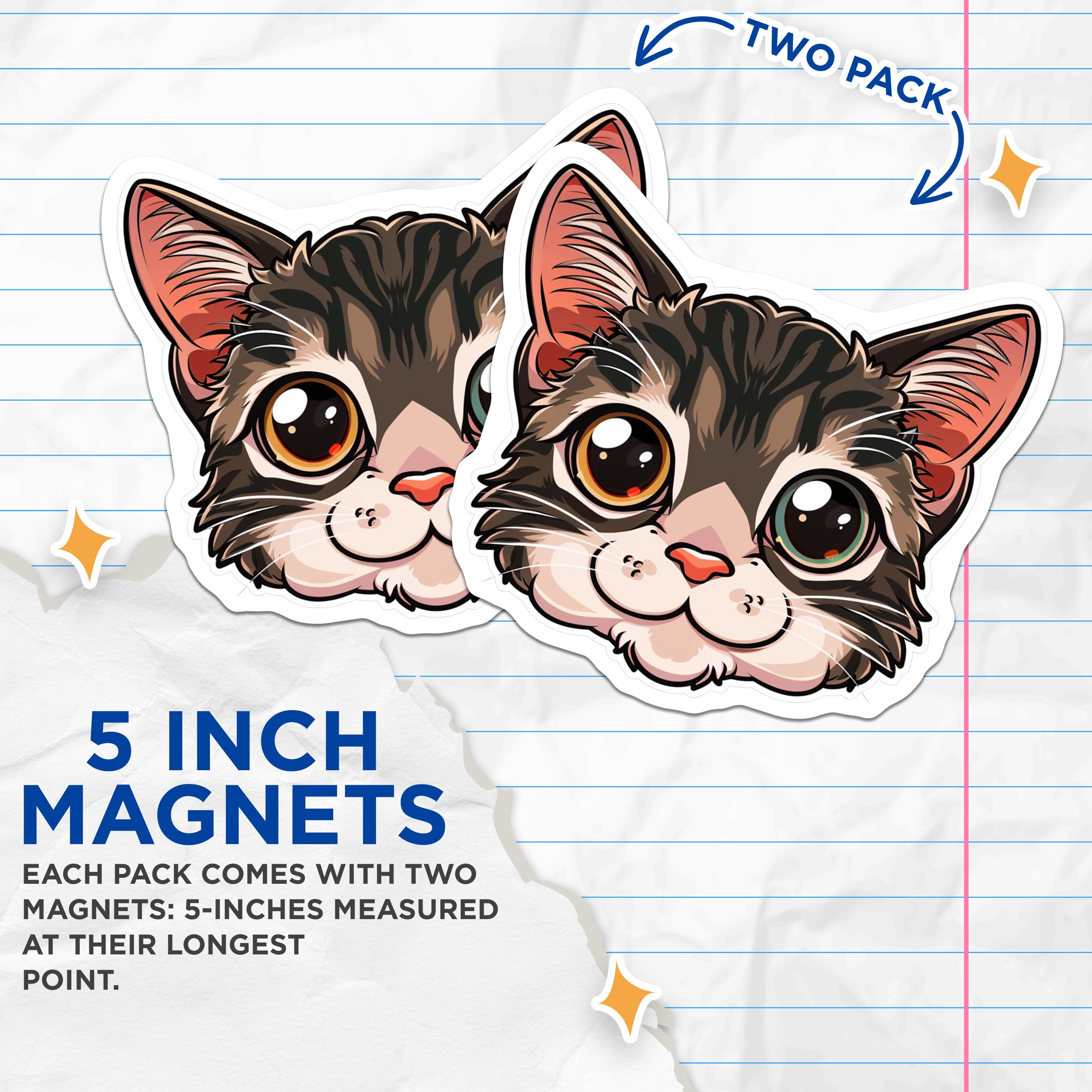 (2 Pack) Cute Cat Head Magnets - Kawaii Animal Fridge Decor - Pet Lover Locker Magnets - 5 Inches On Longest Side - Thick Durable Magnet - Made in USA - MAG37034