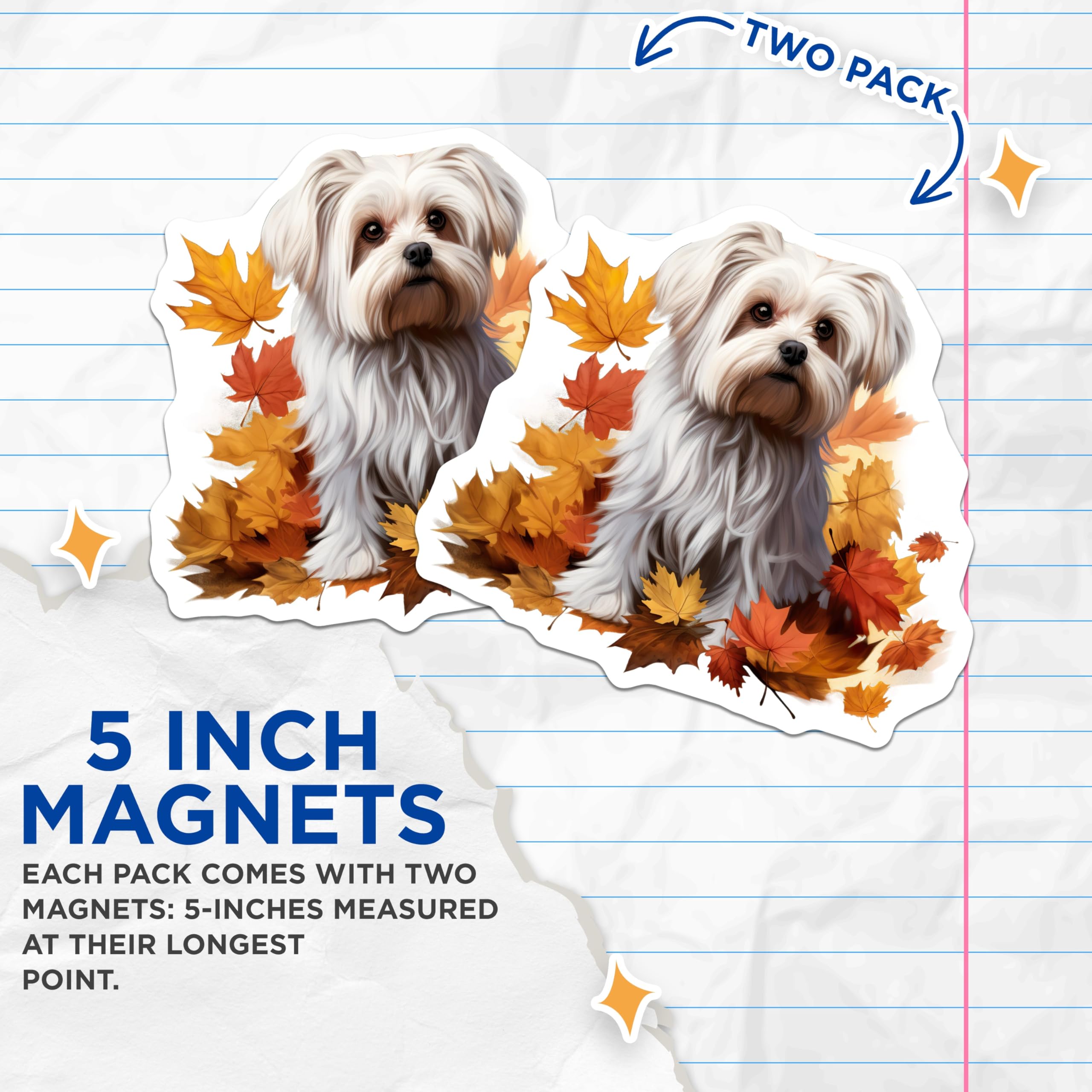 (2 Pack) Cute Maltese Dog Magnets - Fall Leaves Pet Lover Decor - Autumn Kitchen Locker Accent - 5 Inches On Longest Side - Thick Durable Magnet - Made in USA - MAG25839