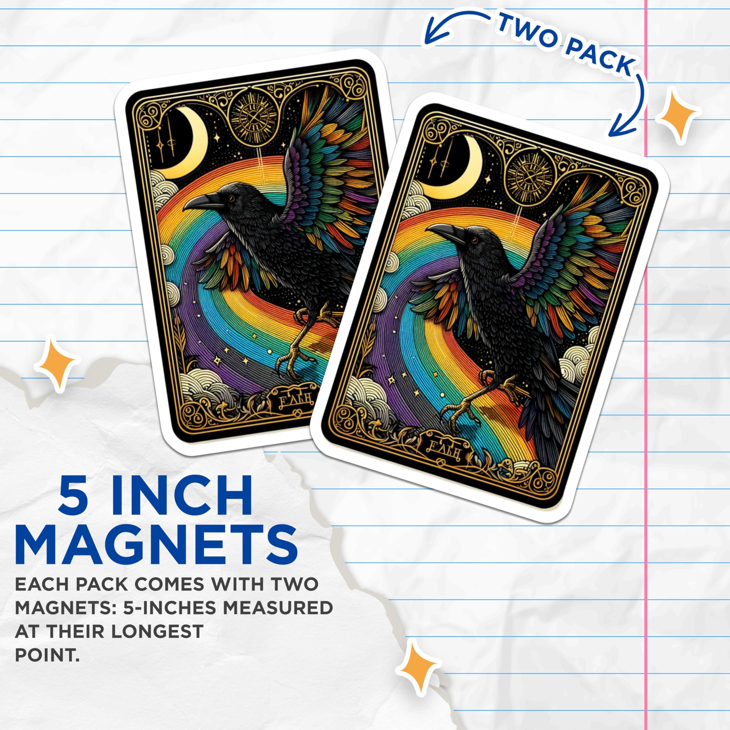(2 Pack) Rainbow Raven Magnets - Colorful Crow Art Nouveau Magnet - Celestial Moon Stars Cosmic Whimsical Boho Decor - 5 Inches On Longest Side - Thick Durable Magnet - Made in USA - MAG22247