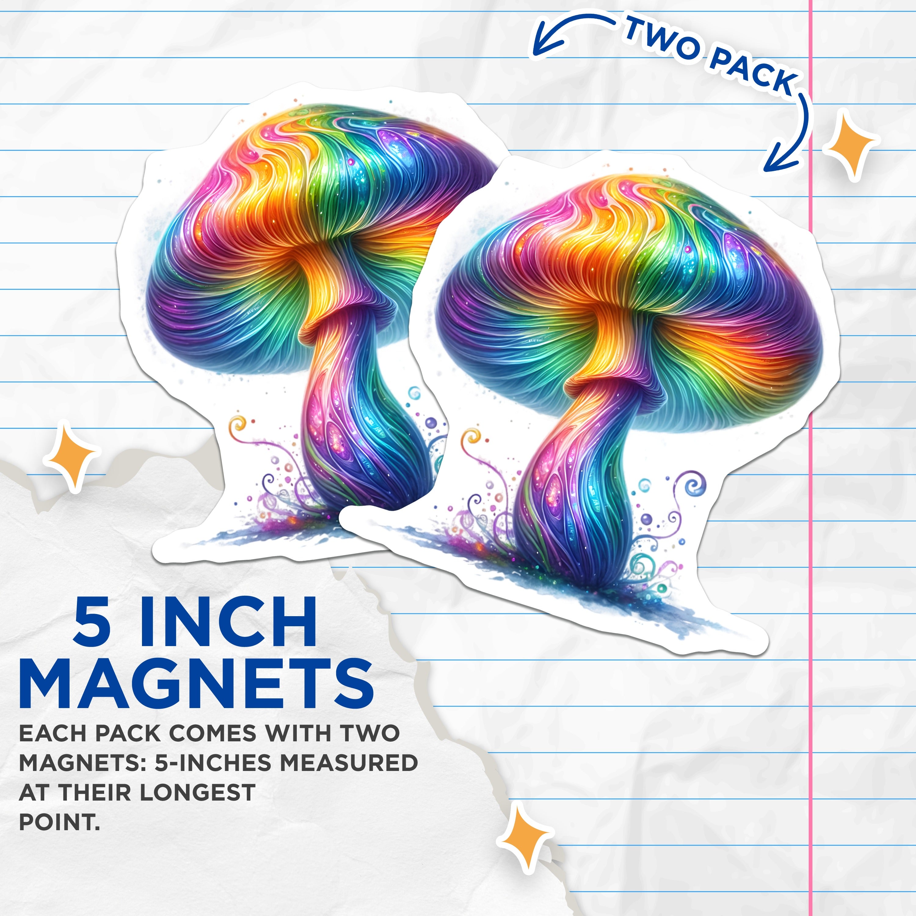 (2 Pack) Rainbow Mushroom Magnets - Psychedelic Fridge Decor - Whimsical Kitchen Accessory - 5 Inches On Longest Side - Thick Durable Magnet - Made in USA - MAG38859