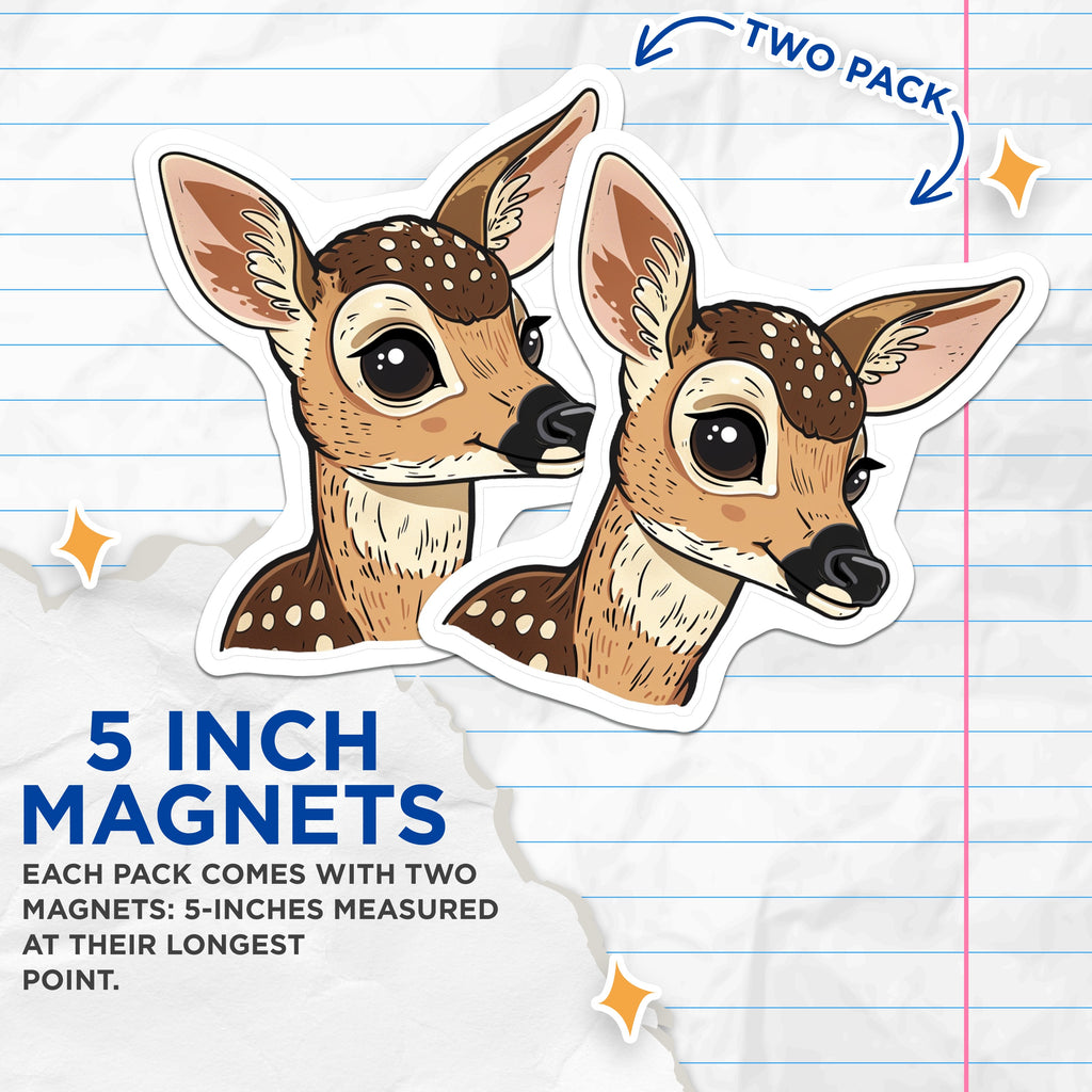 (2 Pack) Cute Fawn Magnets - Whimsical Baby Deer - Woodland Animal Refrigerator Locker Accent - 5 Inches On Longest Side - Thick Durable Magnet - Made in USA - MAG38990