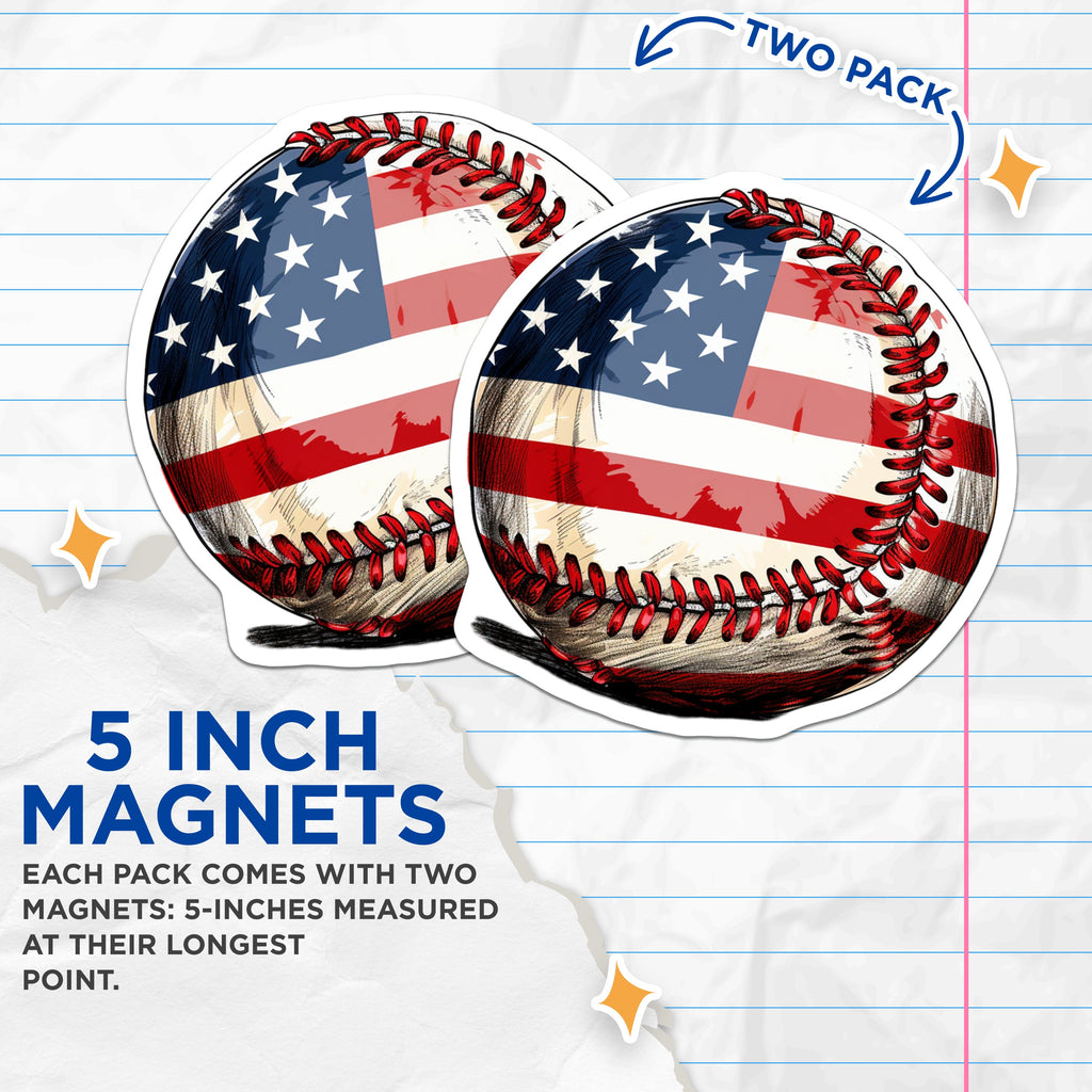 (2 Pack) American Flag Baseball Magnets - Patriotic Sports Memorabilia - USA Pride Fan Decor - 5 Inches On Longest Side - Thick Durable Magnet - Made in USA - MAG38695