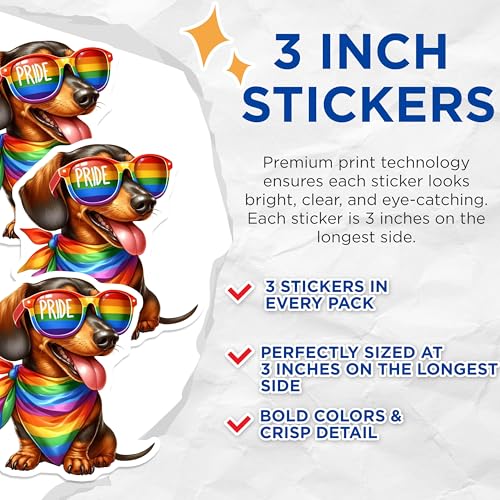 (3 Pack) Pride Dachshund Decals - Rainbow Dog Stickers - Laptop Decal- 3 Inches On Longest Side - Easy Peel & Apply - Made in USA - 3MCS5171