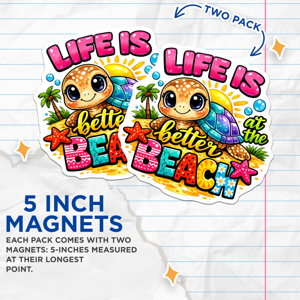 (2 Pack) Beach Life Turtle Magnets - Summer Vacation Decor - Ocean Animal Lover Souvenir - 5 Inches On Longest Side - Thick Durable Magnet - Made in USA - MAG28123
