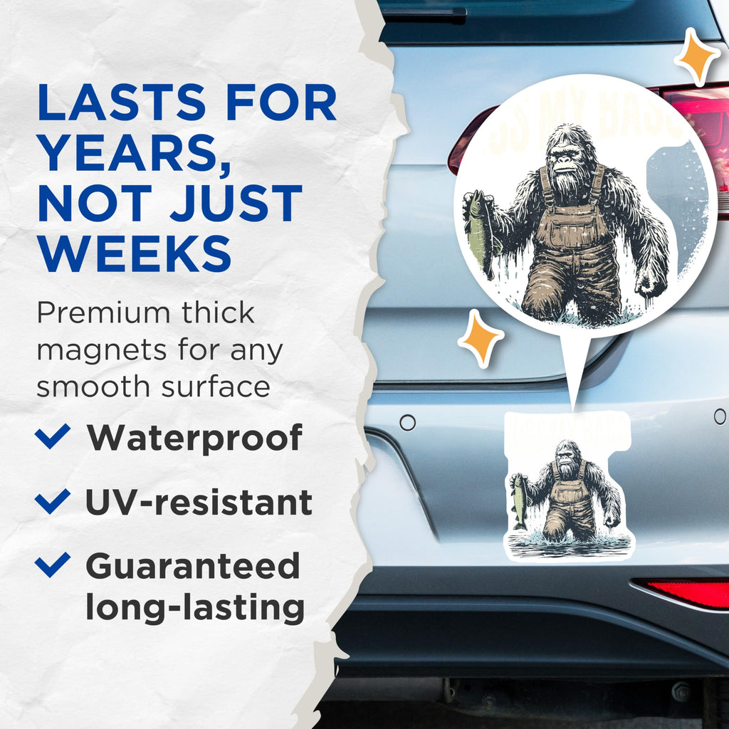 (2 Pack) Bigfoot Fishing Magnets - Funny Sasquatch Angler - Kiss My Bass Humor for Fishermen - 5 Inches On Longest Side - Thick Durable Magnet - Made in USA - MAG20897