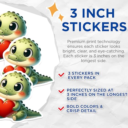 (3 Pack) Cute Alligator Decals - Reptile Love - Heart Clipart - 3 Inches On Longest Side - Easy Peel & Apply - Made in USA - 3MCS2430